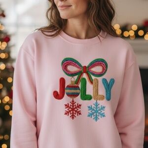 NEW Christmas Jolly Sweatshirt Faux Yarn Pink Green Bow. Any Size X M L XL XXL